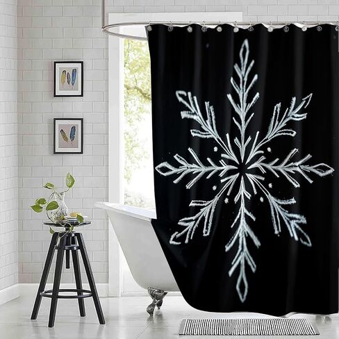 Modern Snowflake Shower Curtain, Black with White Pattern, Waterproof Polyester Fabric, 66 x 72 Inches, Winter Bathroom Decor, Machine Washable in Saudi Arabia