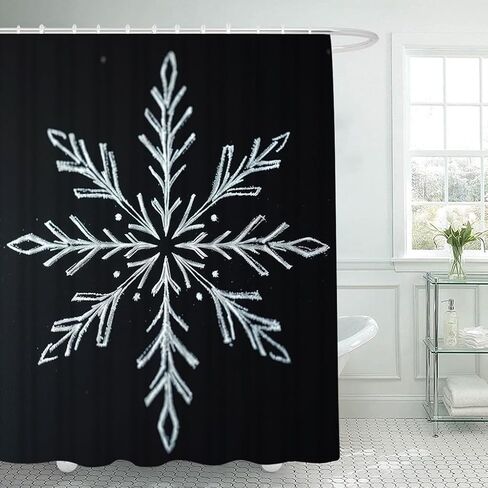 Modern Snowflake Shower Curtain, Black with White Pattern, Waterproof Polyester Fabric, 66 x 72 Inches, Winter Bathroom Decor, Machine Washable in Saudi Arabia