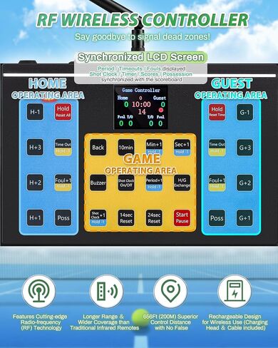 لوحة نتائج إلكترونية كبيرة مطورة لعام 2025 مع وحدة تحكم LCD لاسلكية RF - شاشة LED كبيرة مقاس 22.4 × 14.6، ورؤية تبلغ 100 قدم، وخيارات طاقة مزدوجة، وتحكم مرن في التوقيت للألعاب الرياضية الداخلية والخارجية in Kuwait