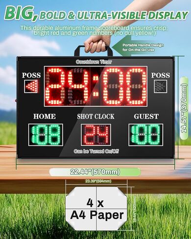 لوحة نتائج إلكترونية كبيرة مطورة لعام 2025 مع وحدة تحكم LCD لاسلكية RF - شاشة LED كبيرة مقاس 22.4 × 14.6، ورؤية تبلغ 100 قدم، وخيارات طاقة مزدوجة، وتحكم مرن في التوقيت للألعاب الرياضية الداخلية والخارجية in Kuwait