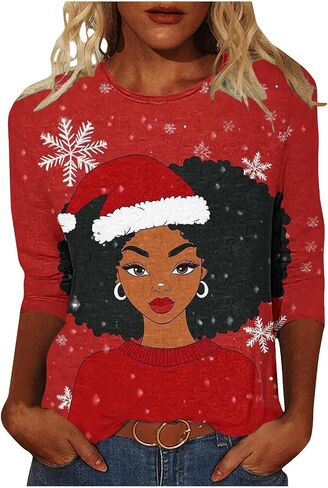 African American Christmas Shirts for Women 3/4 Length Sleeve Funny Black Santa Claus Printed Tops Xmas Tunic Blouses in Saudi Arabia