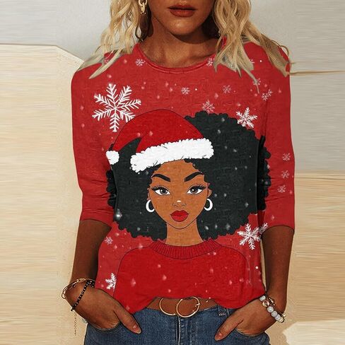 African American Christmas Shirts for Women 3/4 Length Sleeve Funny Black Santa Claus Printed Tops Xmas Tunic Blouses in Saudi Arabia