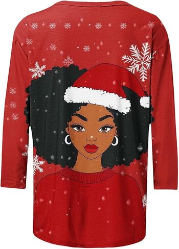 African American Christmas Shirts for Women 3/4 Length Sleeve Funny Black Santa Claus Printed Tops Xmas Tunic Blouses in Saudi Arabia