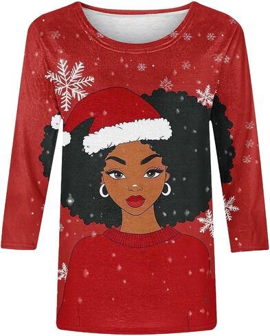 African American Christmas Shirts for Women 3/4 Length Sleeve Funny Black Santa Claus Printed Tops Xmas Tunic Blouses in Saudi Arabia