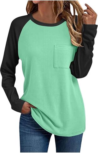 Womens Baseball Style Long Sleeve Raglan Jersey Shirt Fall Casual Crewneck Pocket Color Block Tunic Tops for Leggings in Saudi Arabia