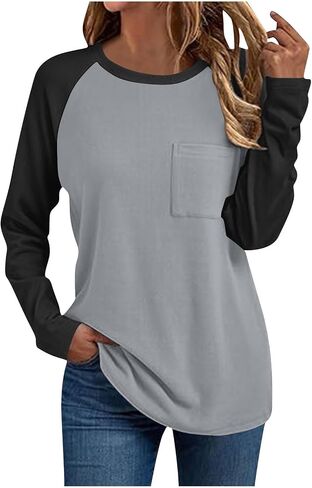 Womens Baseball Style Long Sleeve Raglan Jersey Shirt Fall Casual Crewneck Pocket Color Block Tunic Tops for Leggings in Saudi Arabia