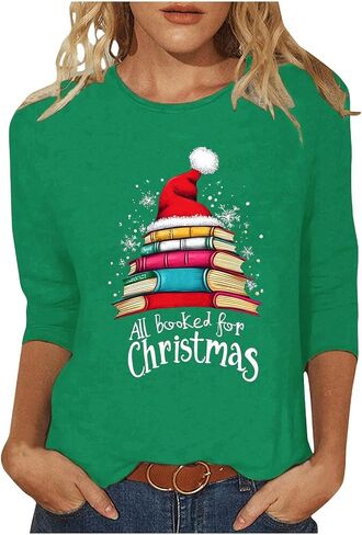 All Booked for Christmas Shirt Women Book Lover Funny Santa Hat Books Tree Graphic Print 3/4 Sleeve Xmas Bookish Tops in Saudi Arabia