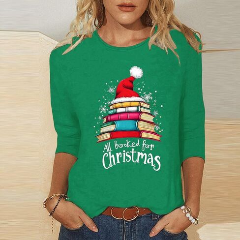 All Booked for Christmas Shirt Women Book Lover Funny Santa Hat Books Tree Graphic Print 3/4 Sleeve Xmas Bookish Tops in Saudi Arabia