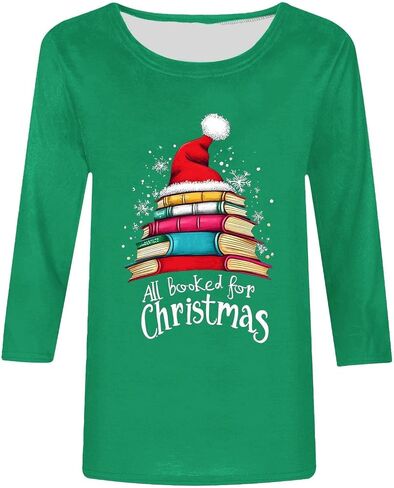 All Booked for Christmas Shirt Women Book Lover Funny Santa Hat Books Tree Graphic Print 3/4 Sleeve Xmas Bookish Tops in Saudi Arabia