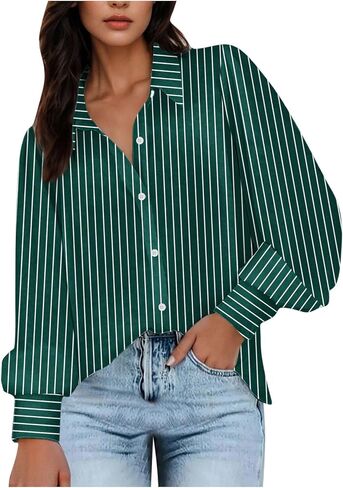 بلوزات نسائية للعمل كاجوال فانوس بأكمام طويلة مخططة بأزرار سفلية، قمصان مكتب للسيدات، قمصان عمل أنيقة in Saudi Arabia