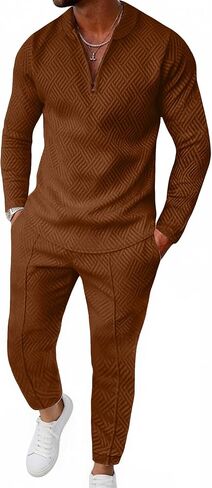 Bealin بدلات رياضية رجالي مكونة من قطعتين قمصان بولو بسحاب وأكمام طويلة وسراويل رياضية مزخرفة ملابس رياضية غير رسمية in Kuwait