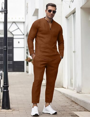 Bealin بدلات رياضية رجالي مكونة من قطعتين قمصان بولو بسحاب وأكمام طويلة وسراويل رياضية مزخرفة ملابس رياضية غير رسمية in Kuwait