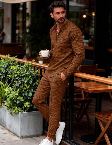 Bealin بدلات رياضية رجالي مكونة من قطعتين قمصان بولو بسحاب وأكمام طويلة وسراويل رياضية مزخرفة ملابس رياضية غير رسمية in Kuwait