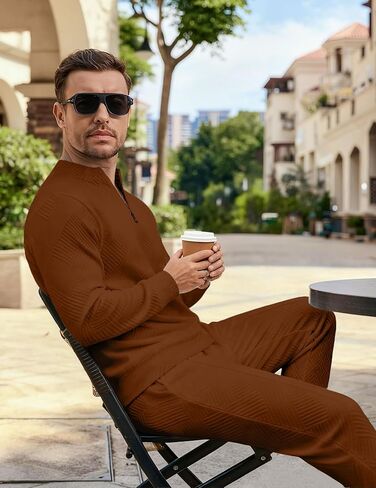 Bealin بدلات رياضية رجالي مكونة من قطعتين قمصان بولو بسحاب وأكمام طويلة وسراويل رياضية مزخرفة ملابس رياضية غير رسمية in Kuwait