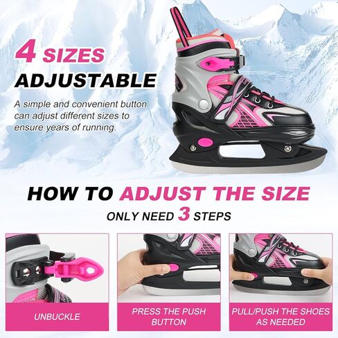 زلاجات ثلجية قابلة للتعديل للأطفال الأولاد والبنات، 4 مقاسات قابلة للتعديل، بطانة دافئة ومريحة للمبتدئين من سن 3 إلى 12 سنة، أحذية تزلج في الهواء الطلق وحلبة التزلج على الجليد in Kuwait