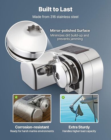 VEVOR Fishing Windlass, 12V DC 600W, Windlass Anchor Systems Fit for 1/4-Inch Chain or 9/16 & 5/8 Inch Nylon Rope, Max Pull 573 lbs, 316 Stainless Steel Construction, for Boats 23-29.5 ft in Kuwait