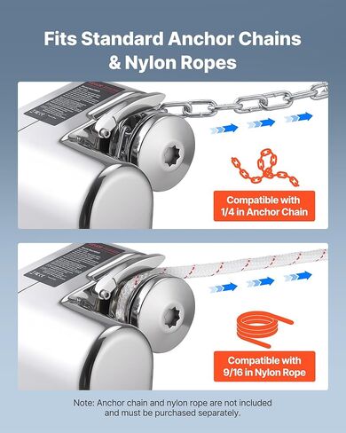VEVOR Fishing Windlass, 12V DC 600W, Windlass Anchor Systems Fit for 1/4-Inch Chain or 9/16 & 5/8 Inch Nylon Rope, Max Pull 573 lbs, 316 Stainless Steel Construction, for Boats 23-29.5 ft in Kuwait