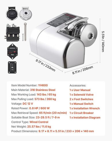 VEVOR Fishing Windlass, 12V DC 600W, Windlass Anchor Systems Fit for 1/4-Inch Chain or 9/16 & 5/8 Inch Nylon Rope, Max Pull 573 lbs, 316 Stainless Steel Construction, for Boats 23-29.5 ft in Kuwait