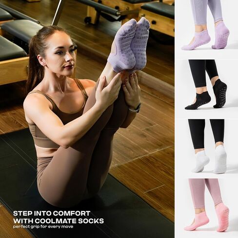 CoolMate Pilates Socks with Grips for Women, Yoga Socks, Crew Non Slip Women for Workout, Barre, Pilates Gifts in Kuwait