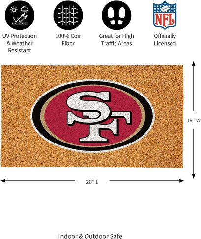 ممسحة أرجل من ألياف جوز الهند الطبيعية من فريق سبورتس أمريكا NFL سان فرانسيسكو 49ers | شعار الفريق الرسمي بالألوان الكاملة | 28 × 16 بوصة | عدم الانزلاق مرة أخرى | سجادات أرضية ترحيب للباب الأمامي | ديكور منزلي لمدخل داخلي وخارجي in Saudi Arabia