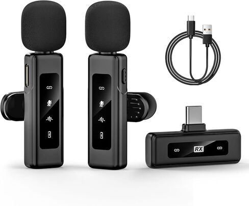 ميكروفون Lavalier لاسلكي لـ USB-C، ميكروفون بمشبك التوصيل والتشغيل مع تقليل الضوضاء النشط، عمر بطارية طويل، توافق واسع مع iPhone 15/Android/PC/Vlog/YouTube in Kuwait