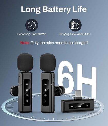 ميكروفون Lavalier لاسلكي لـ USB-C، ميكروفون بمشبك التوصيل والتشغيل مع تقليل الضوضاء النشط، عمر بطارية طويل، توافق واسع مع iPhone 15/Android/PC/Vlog/YouTube in Kuwait