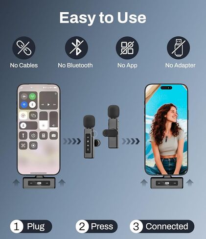 ميكروفون Lavalier لاسلكي لـ USB-C، ميكروفون بمشبك التوصيل والتشغيل مع تقليل الضوضاء النشط، عمر بطارية طويل، توافق واسع مع iPhone 15/Android/PC/Vlog/YouTube in Kuwait