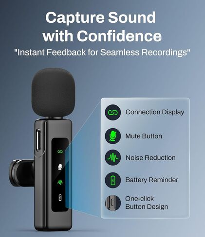 ميكروفون Lavalier لاسلكي لـ USB-C، ميكروفون بمشبك التوصيل والتشغيل مع تقليل الضوضاء النشط، عمر بطارية طويل، توافق واسع مع iPhone 15/Android/PC/Vlog/YouTube in Kuwait
