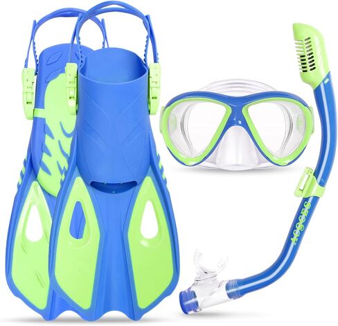 Snorkeling Gear for Kids Ages 5-15, 4 in 1 Mask Fins Snorkel Set with HD Tempered Glass Panoramic View Anti-Fog Mask, Dry Top Snorkel, Adjustable Trek Fins, and Mesh Bag, Kids Snorkel Set for Youth in Saudi Arabia