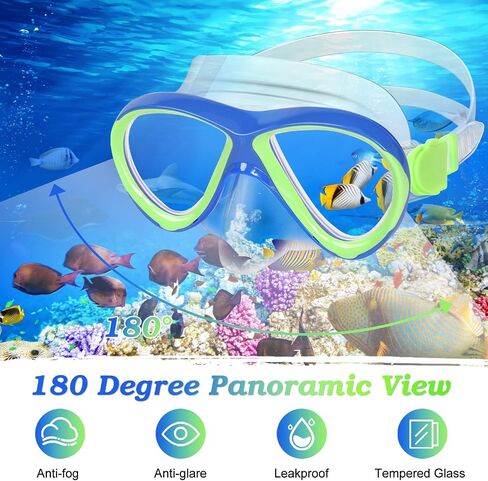 Snorkeling Gear for Kids Ages 5-15, 4 in 1 Mask Fins Snorkel Set with HD Tempered Glass Panoramic View Anti-Fog Mask, Dry Top Snorkel, Adjustable Trek Fins, and Mesh Bag, Kids Snorkel Set for Youth in Saudi Arabia