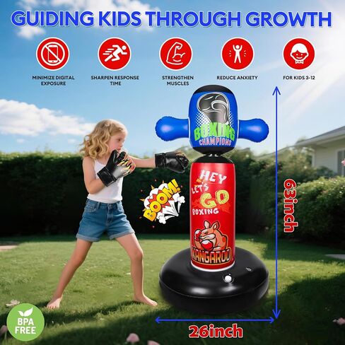كيس ملاكمة للأطفال، أكياس ملاكمة شديدة التحمل من Hyperzoo تدور 360 درجة وقابلة للنفخ للأطفال، حقيبة ملاكمة ثقيلة قائمة بذاتها، هدية عيد ميلاد للأولاد والبنات 3+ مع قفازات، 63 بوصة in Kuwait