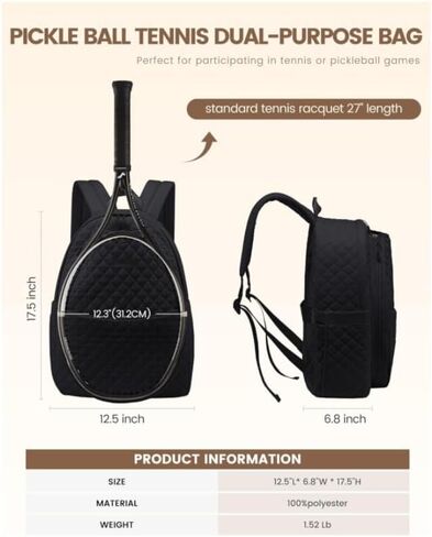 Tennis Racket Backpack, Quilted Sports Bag with Large Capacity, Black in Saudi Arabia