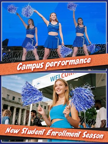 Premium No-Shed Pom Poms Cheerleading - 6/12Pcs Blue White Cheer Pom Poms with Long Baton Handle for Team Spirit, Football Basketball Games, Fan Celebration, Dance, Homecoming in Saudi Arabia