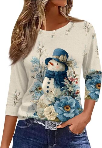 Womens Christmas Shirts Tunic Christmas Printed Pullover 3/4 Length Sleeve Crew Neck Tops Casual Comfortable Blouse in Saudi Arabia