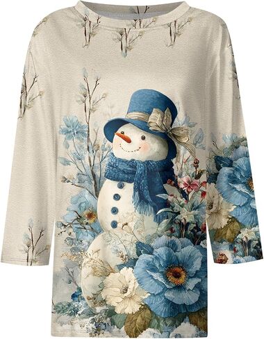 Womens Christmas Shirts Tunic Christmas Printed Pullover 3/4 Length Sleeve Crew Neck Tops Casual Comfortable Blouse in Saudi Arabia