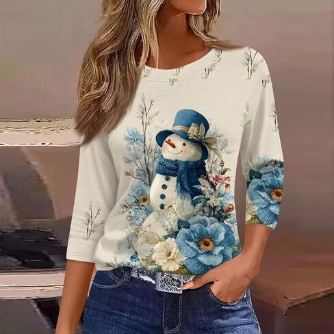 Womens Christmas Shirts Tunic Christmas Printed Pullover 3/4 Length Sleeve Crew Neck Tops Casual Comfortable Blouse in Saudi Arabia
