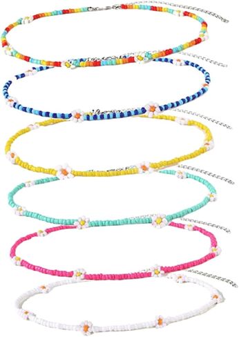 مجموعة GALPADA مكونة من 6 قطع من قلادات الزهور الملونة المزينة بالخرز، قلادات صيفية أنيقة لأسلوب المراهقين لملابس الشاطئ والأزياء اليومية in Kuwait