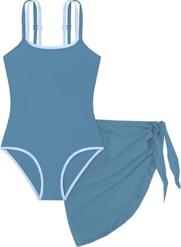 Girls Swimsuit Color Block Trim One Piece Swimsuits Double Straps Bathing Suit Modest Swimwear with Cover Up 9-16y in Saudi Arabia