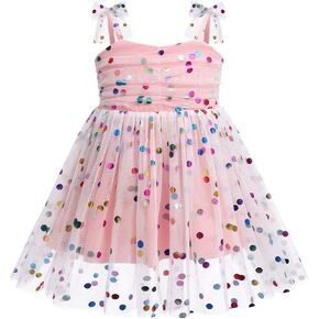 Birthday Dress for 1 Year Old Girl, First Birthday Outfit Sequin Polka Dots Princess Tutu Dress Bow Sleeveless Smoked Dresses for Baby&Toddler Photographs Summer Outfit Pink-Sequin dots 3-4T