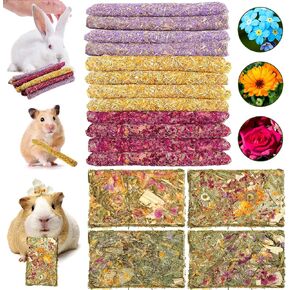 Abizoo 16 Packs Bunny Flower Chew Toys, Natural Rabbit Sticks + Herbal Floral Scent Timothy Hay Treats for Guinea Pig Chinchilla Hamster Rat Degus Gerbil Food Molar Cage Accessories Snack