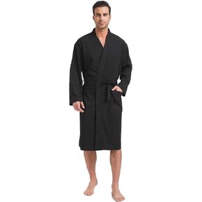 FashGudim Mens Lightweight Waffle Knit Robe Soft Kimono Spa Bathrobes Knee Length Summer Robes