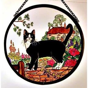 Decorative Hand Printed Stained Glass Window Sun Catcher/Roundel in a Cottage Garden Cat Design.