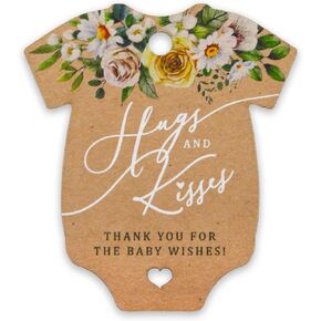 Summer-Ray 50pcs Baby Onesie Hugs & Kisses Thank You for The Baby Wishes Floral Themed Baby Shower Favor Tags (Kraft Brown)