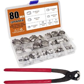 ISPINNER 80 قطعة من مشابك خرطوم الأذن الواحدة مع كماشة، 304 من الفولاذ المقاوم للصدأ 5.8-23.5 مم مجموعة متنوعة من مشابك خرطوم تجعيد لتأمين خراطيم الأنابيب واستخدام السيارات 1/4 بوصة - 15/16 بوصة in Kuwait