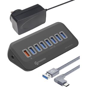 PHIXERO USB 3.0 Hub, 5Gbps USB Port Hub with 3.3ft USB A to C Right Angle Cable, Portable USB Splitter, USB Hub for Laptop, PC, iMac, MacBook, Playstation, Xbox (8 Port(7*USB-A,1*Charging) 0.5M)
