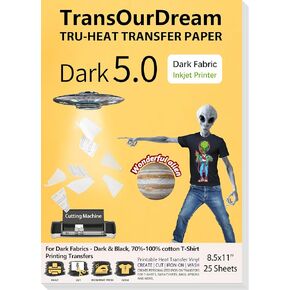 TransOurDream Tru-Iron on Heat Transfer Paper for Dark Fabric (10 Sheets, 8.5x11, Dark 5.0) T Shirt Transfers Paper for Inkjet Printer Printable Heat Transfer Vinyl for T-Shirts (TOD-D5-10)