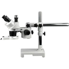 AmScope SW-3T13-FRL Trinocular Stereo Microscope, WH10x Eyepieces, 10X and 30X Magnification, 1X/3X Objective, Single-Arm Boom Stand, 8W Fluorescent Ring Light, 110V-120V