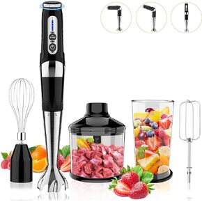 Cordless Immersion Blender Handheld, 3-in-1 Rechargeable Electric Hand Blender Stick, 21-Speeds & 3-Angle Adjustable with 700ml Beaker, Egg Whisk and Beater for Smoothies, Soup,Puree,Baby Food (Black)
