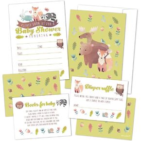 A Set of 25 Woodland Animals Baby Shower Invitations, Diaper Raffle Tickets and Baby Shower Book Request Cards with Envelopes. Gender Neutral Invites Perfect for Baby Boys and Baby Girls.