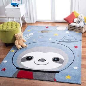 SAFAVIEH Carousel Kids Collection 6'7" Square Blue/Grey CRK140M Sloth Astronaut Non-Shedding Playroom Nursery Bedroom Area Rug